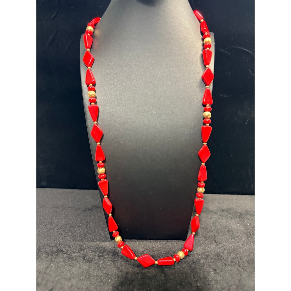 Trifari Vintage Red Geometric Bead Gold Tone Long Necklace 27 Inch